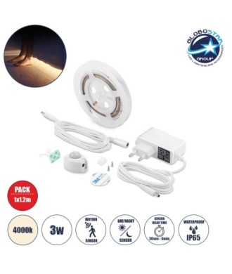 GloboStar® 70400 ΣΕΤ Ταινία LED Κρυφού Φωτισμού Κρεβατιού 1 x 1.2m 3W 300lm 2835 SMD 120° Αδιάβροχη IP65 με Τροφοδοτικό & 1 x Ανιχνευτή Κίνησης 360° Φυσικό Λευκό 4000k